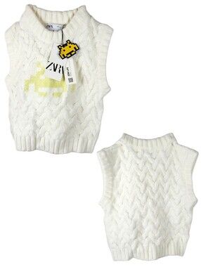 Zara Womens Jacquard Space Invaders chunky Cable Knit Sweater Vest White Size S